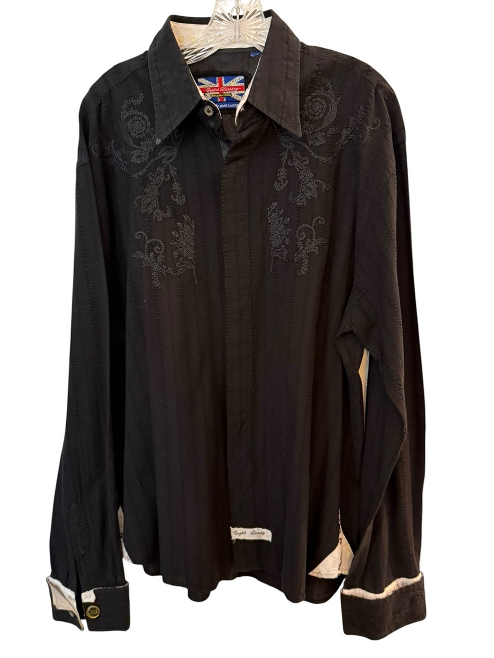 English Laundry Extremely cool embroidered black shirt Union Jack Patch XXL